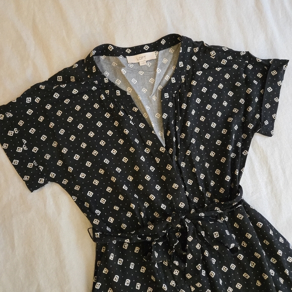 LOFT Black White Diamond Print Belted Button Down Midi Dress MI3 - Picture 7 of 15